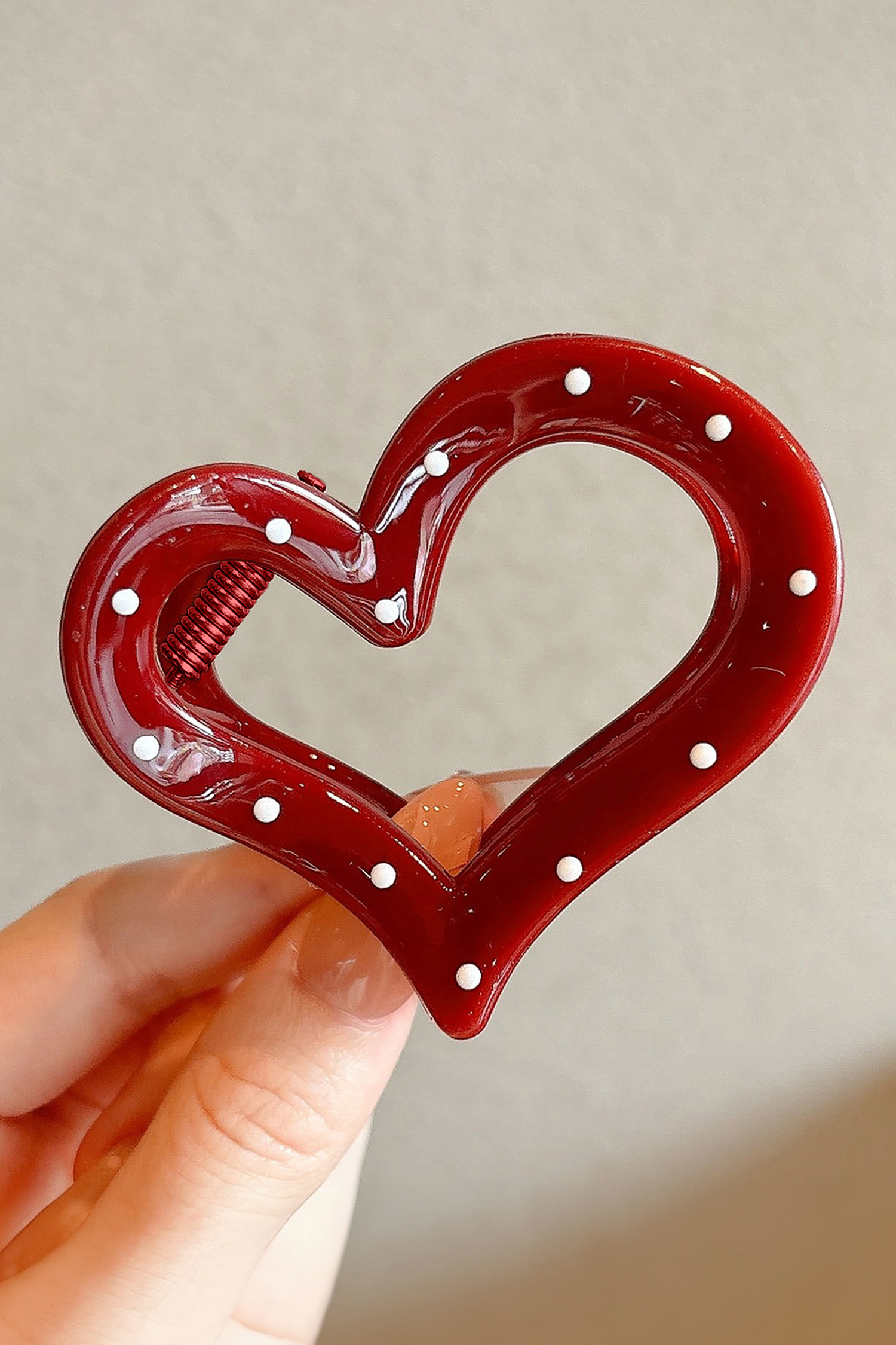 Fiery Red Polka Dot Plastic Heart Valentines Fashion Hair Claw Clip