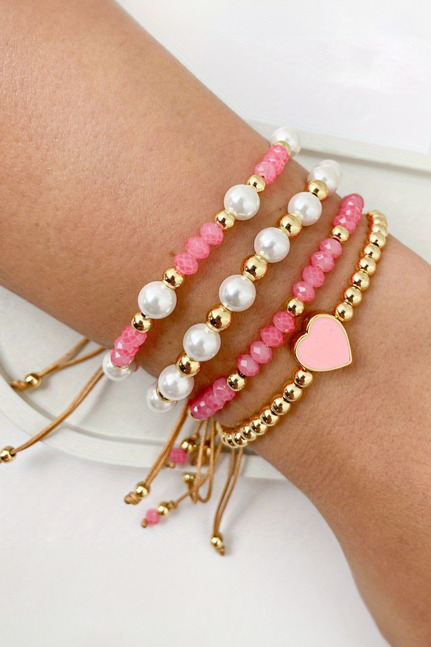 Pink Polyhedral Pearl Golden Beads Adjustable String 4pcs Bracelet Set