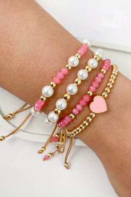 Pink Polyhedral Pearl Golden Beads Adjustable String 4pcs Bracelet Set