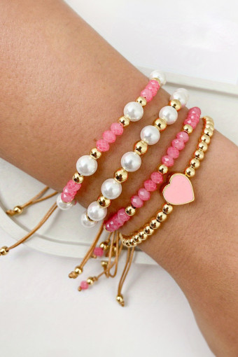 Pink Polyhedral Pearl Golden Beads Adjustable String 4pcs Bracelet Set