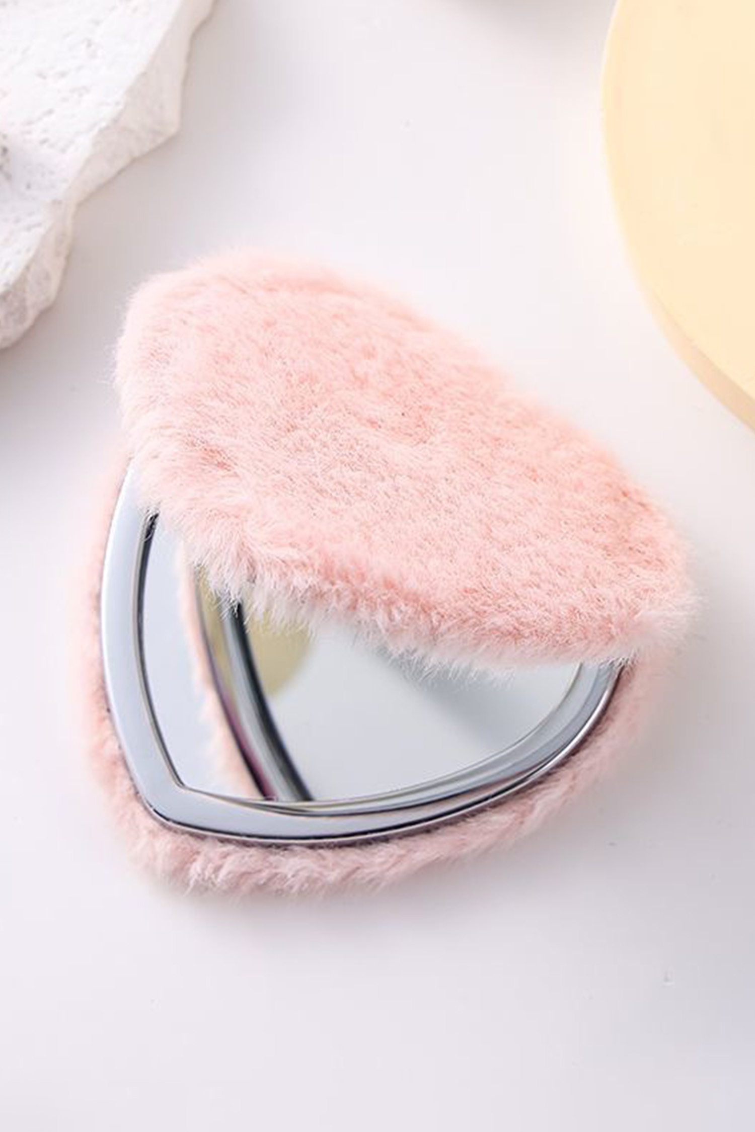 Pink Heart Shape Double Sides Fluffy Cute Mini Cosmetic Mirror