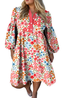 Plus Size Pink  Button V Neck Leopard Print Puff Sleeve Loose Mini Dress