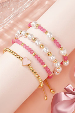 Pink Polyhedral Pearl Golden Beads Adjustable String 4pcs Bracelet Set