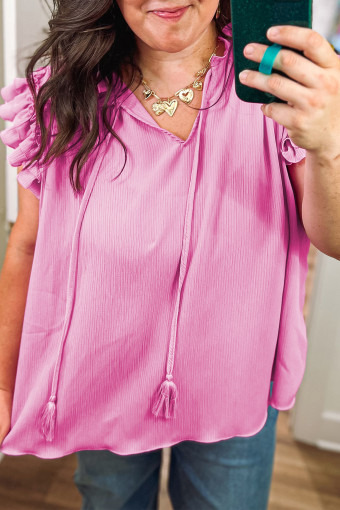 Plus Size Bonbon  Textured Tassel Tie V Neck Ruffle Short Sleeve Blouse