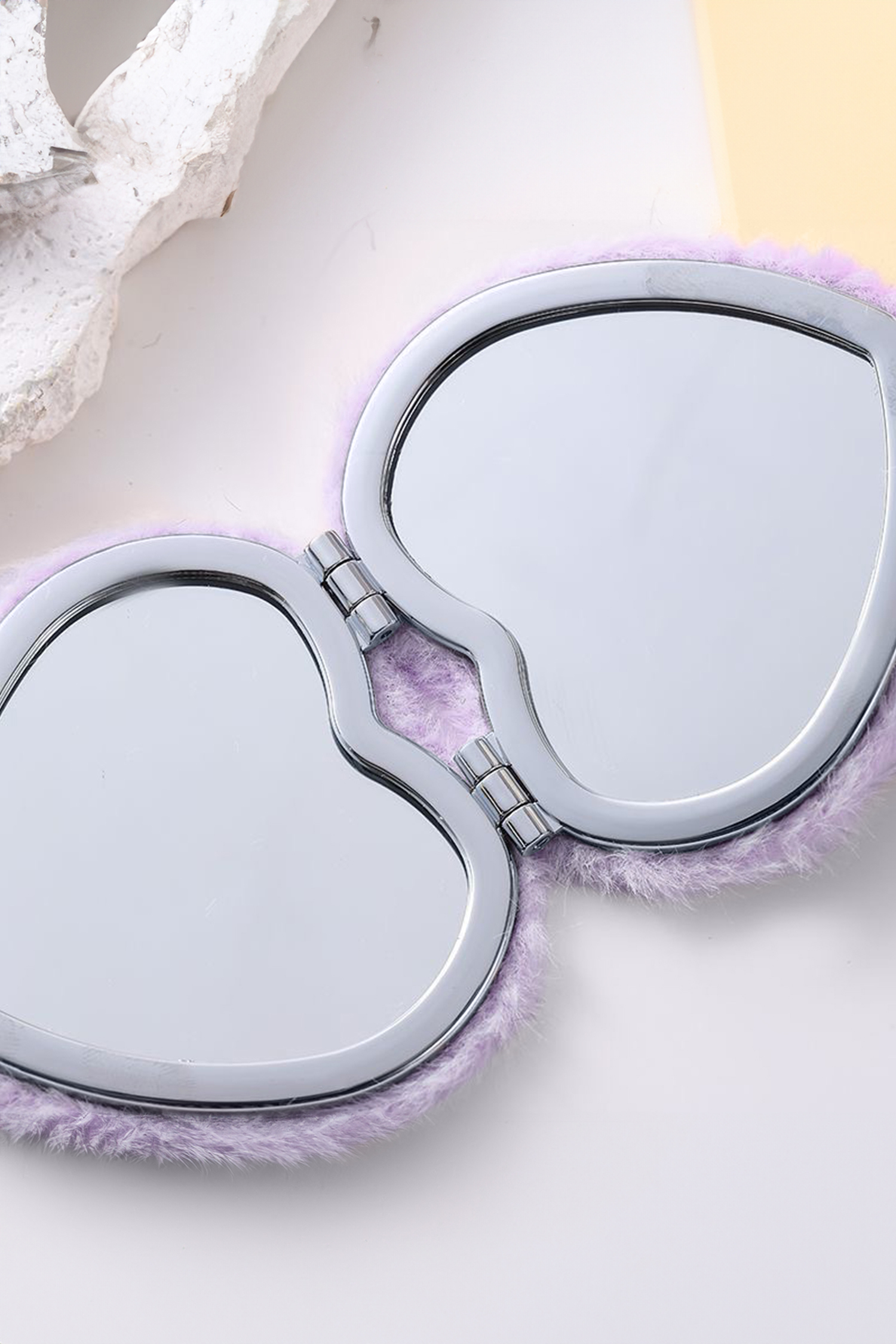 Orchid Petal Heart Shape Double Sides Fluffy Cute Mini Cosmetic Mirror