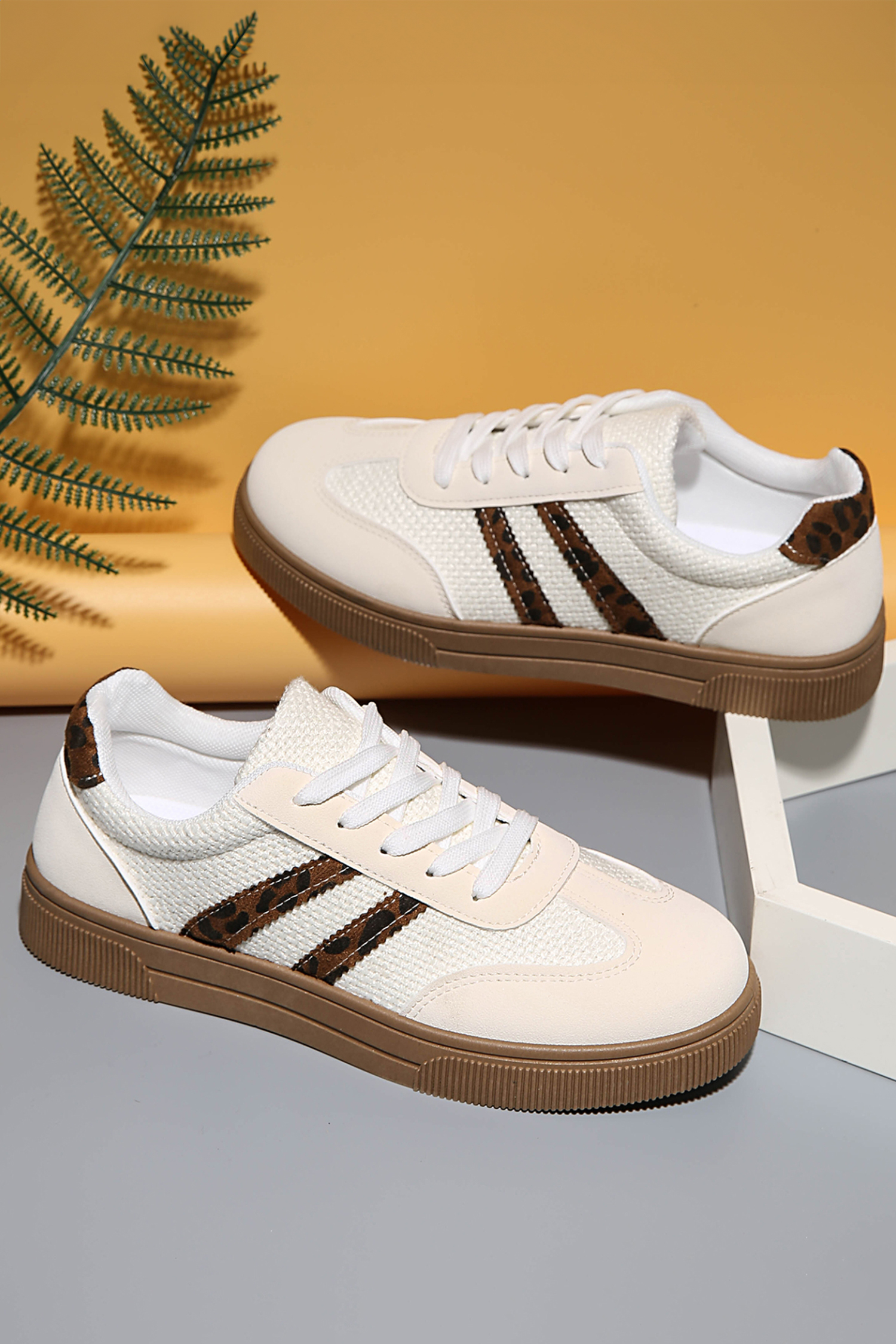 White Textured Woven PU Leather Leopard Patchwork Flat Sneakers