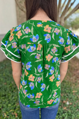 Plus Size Green  Ruffled Short Sleeve Floral Top