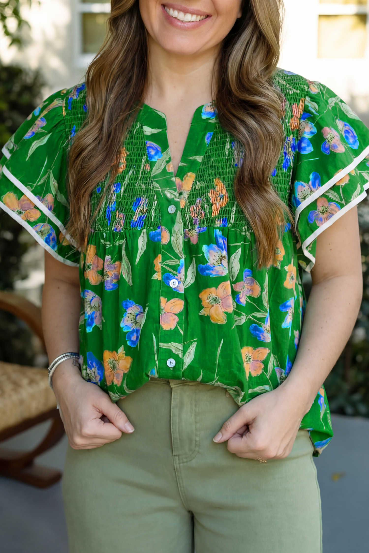 Plus Size Green  Ruffled Short Sleeve Floral Top