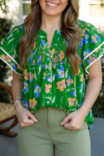 Plus Size Green  Ruffled Short Sleeve Floral Top