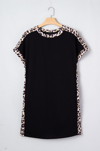 Plus Size Black  Leopard Print Patchwork Shift T Shirt Dress with Pockets
