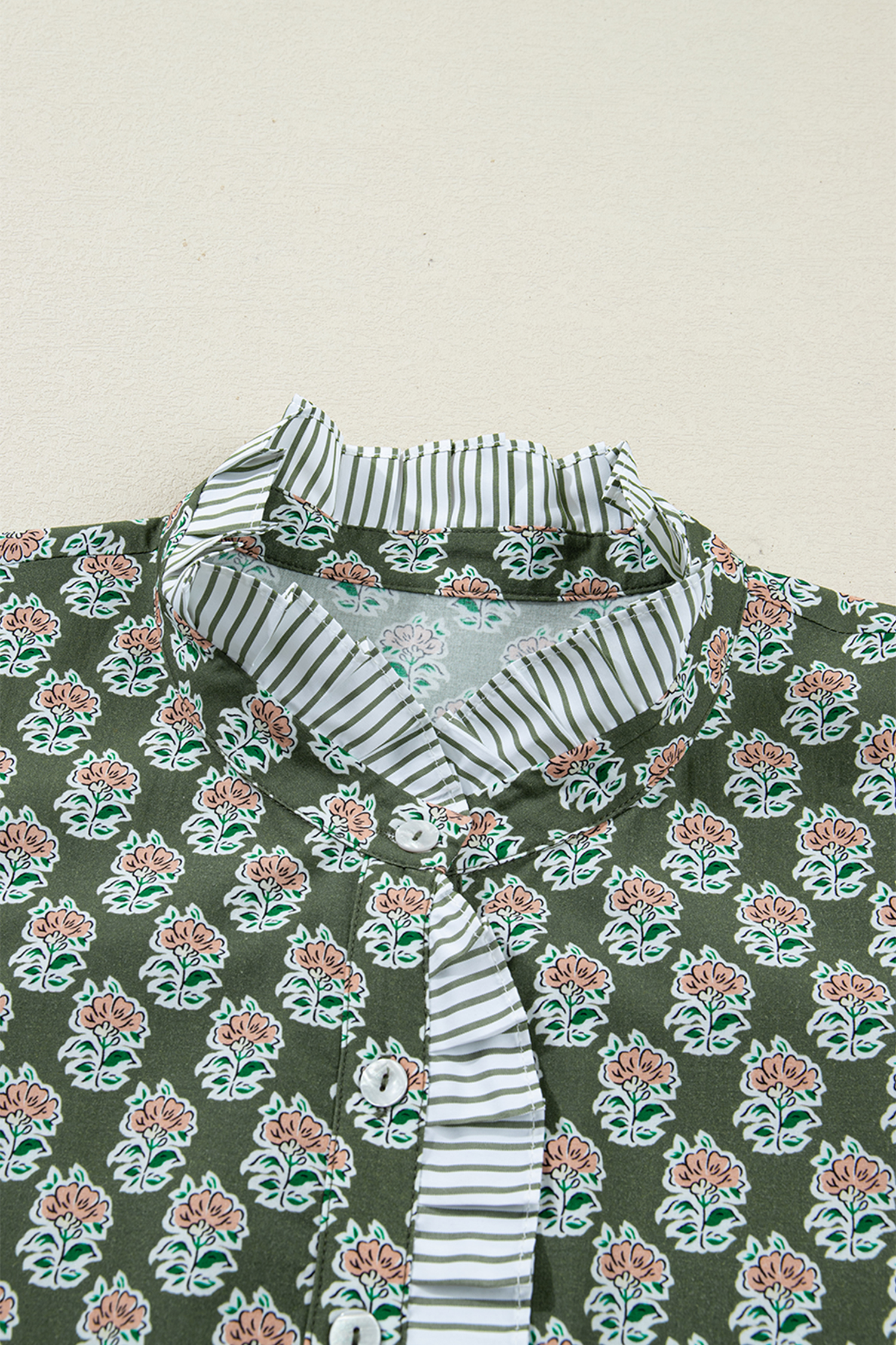 Plus Size Green Contrast Striped Frilled Collar 3/4 Sleeve  Floral Dress