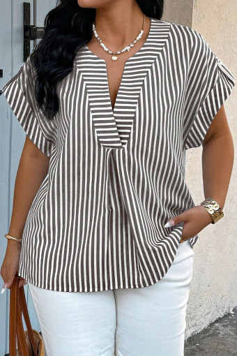 Plus Size Black Stripe  V Neck Roll-tab Short Dolman Sleeve Blouse