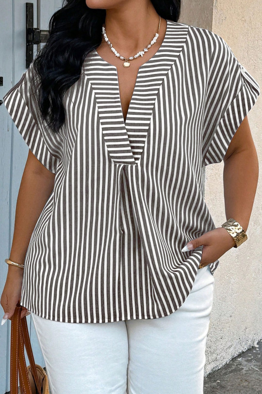 Plus Size Black Stripe  V Neck Roll-tab Short Dolman Sleeve Blouse