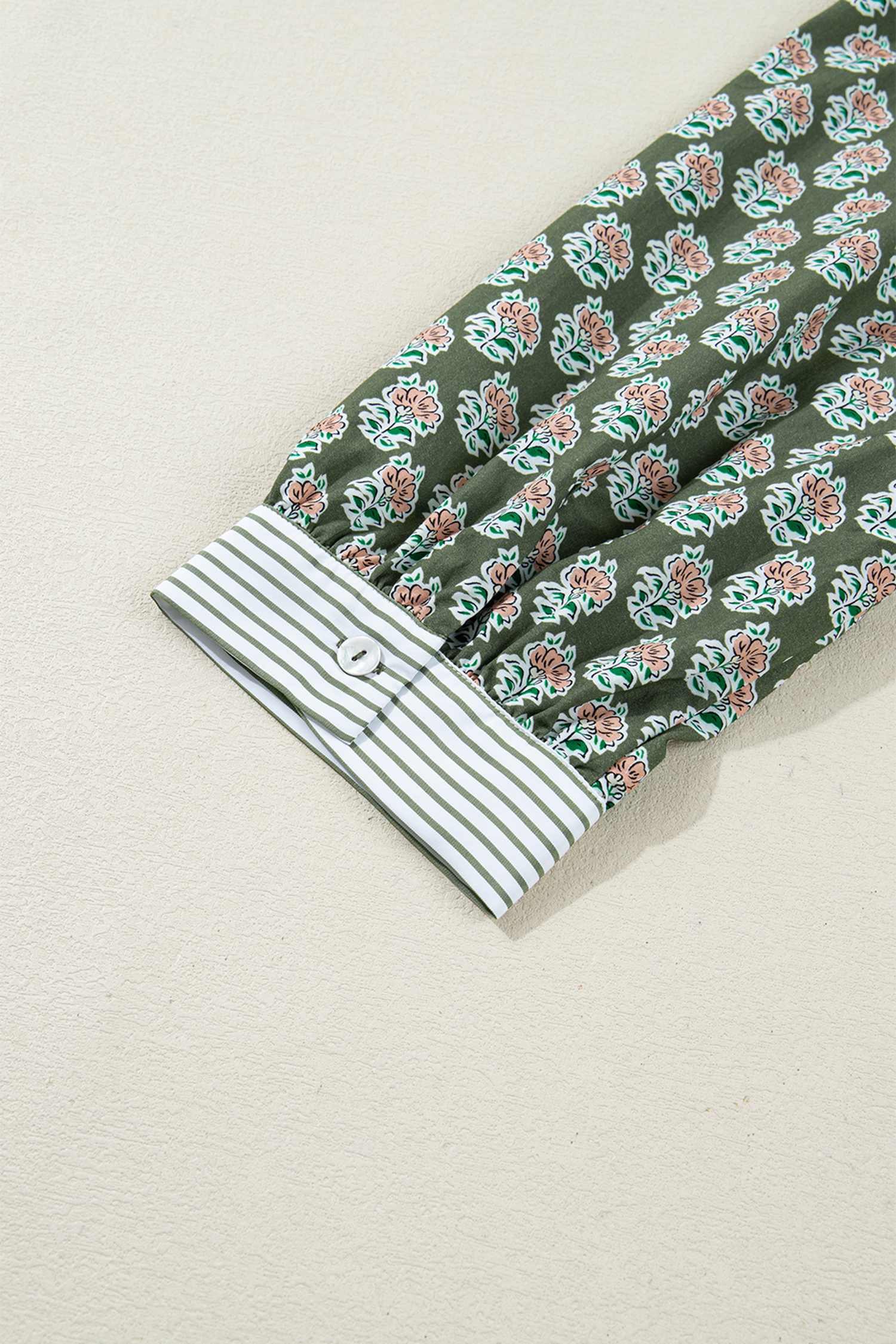 Plus Size Green Contrast Striped Frilled Collar 3/4 Sleeve  Floral Dress