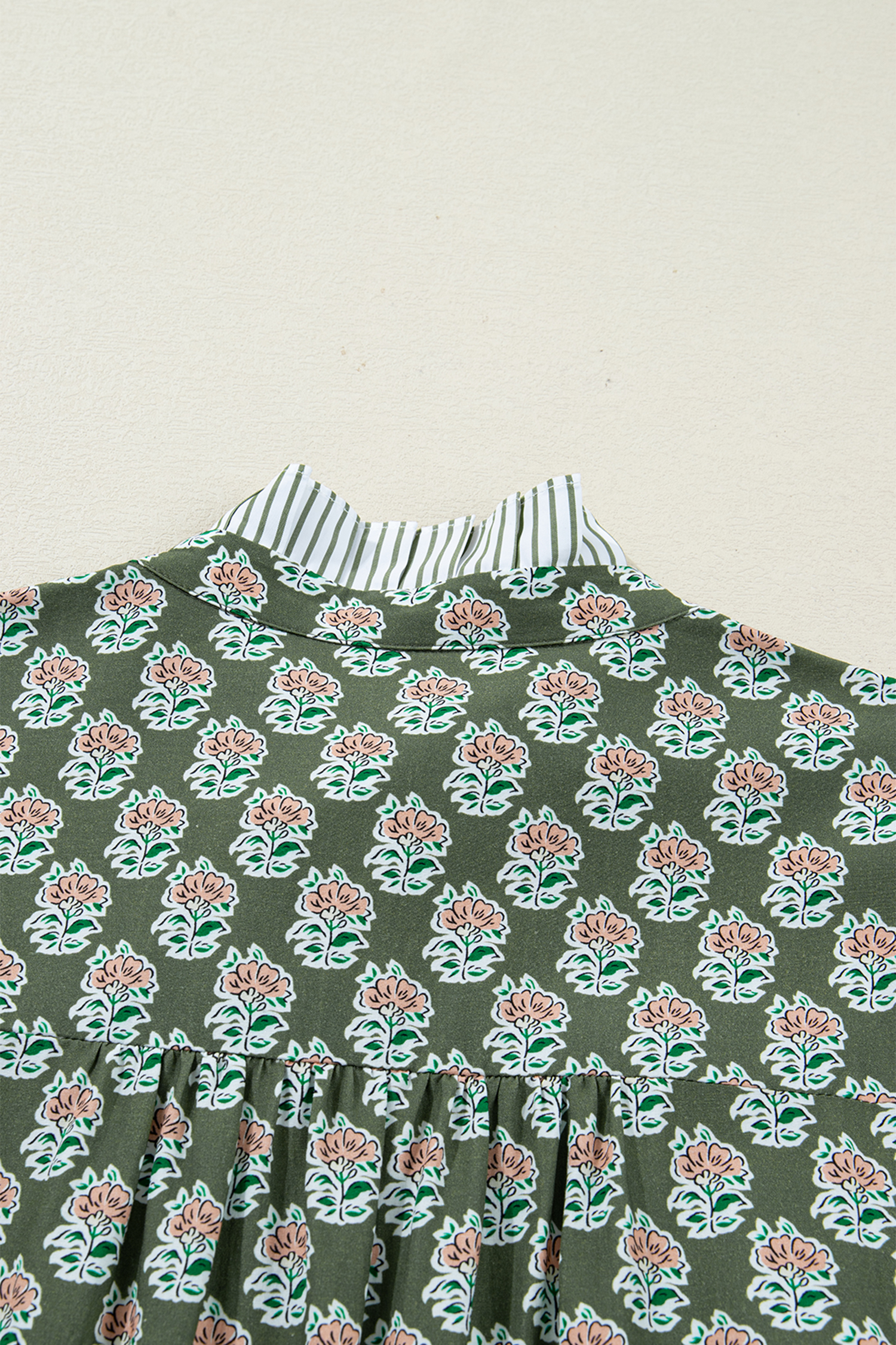 Plus Size Green Contrast Striped Frilled Collar 3/4 Sleeve  Floral Dress