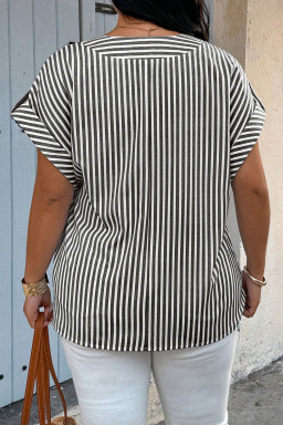 Plus Size Black Stripe  V Neck Roll-tab Short Dolman Sleeve Blouse