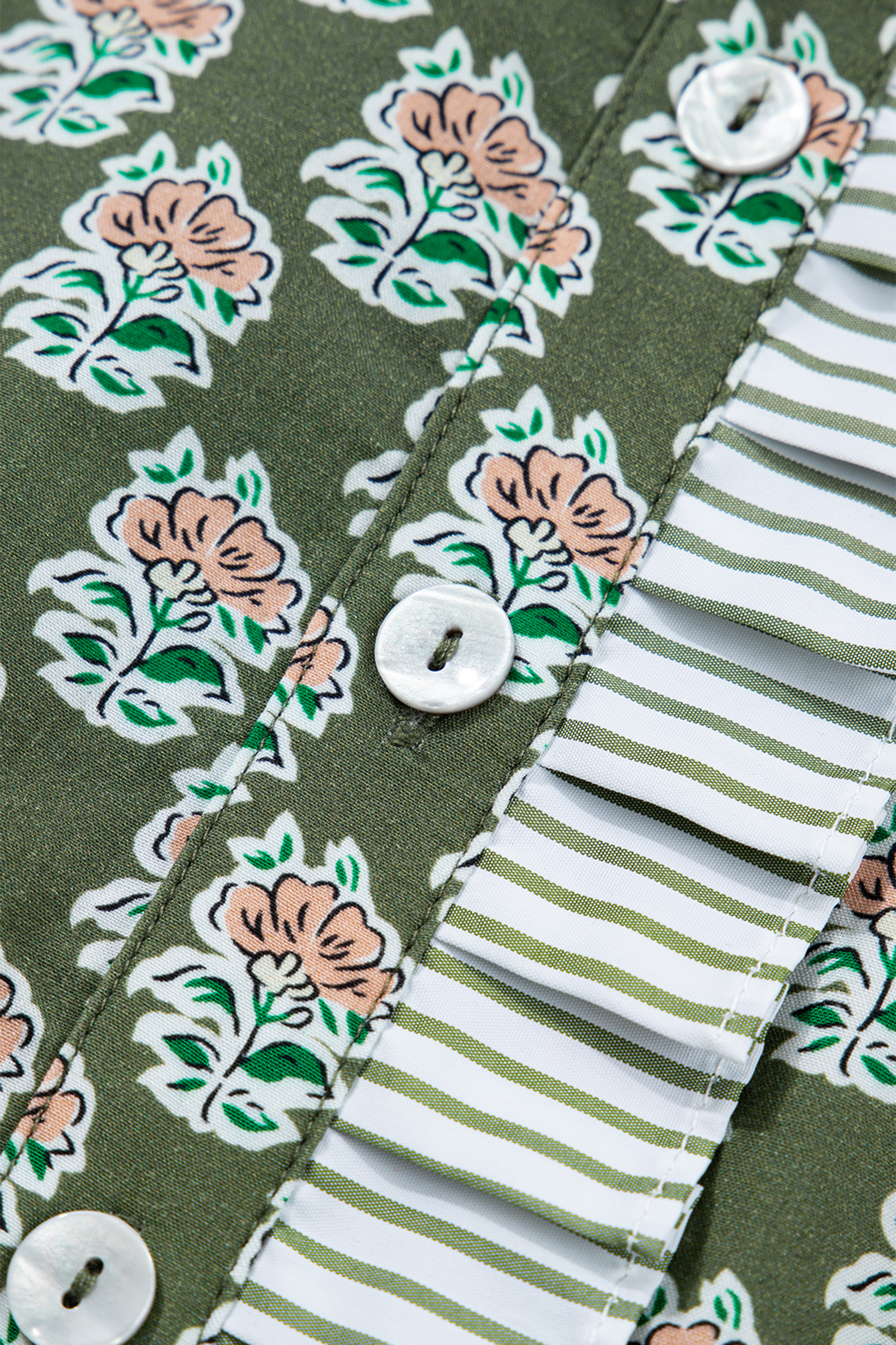 Plus Size Green Contrast Striped Frilled Collar 3/4 Sleeve  Floral Dress