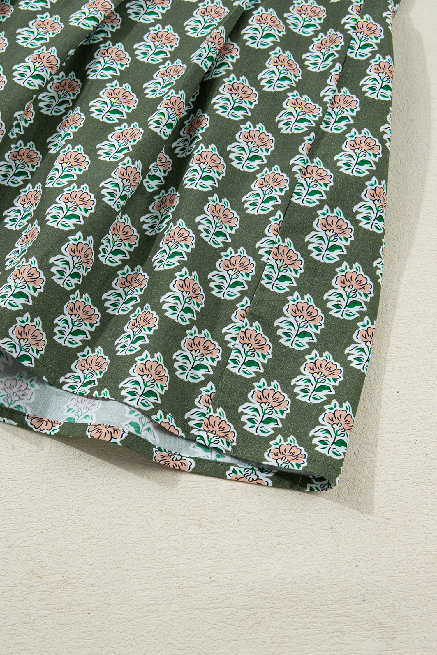 Plus Size Green Contrast Striped Frilled Collar 3/4 Sleeve  Floral Dress