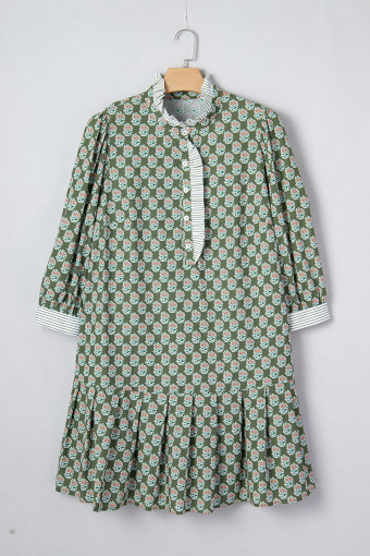 Plus Size Green Contrast Striped Frilled Collar 3/4 Sleeve  Floral Dress