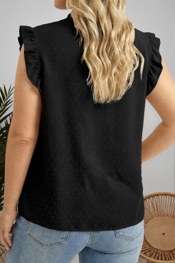 Plus Size Black  Swiss Dot Ruffle Lace Trim V Neck Tank Top