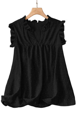 Plus Size Black  Swiss Dot Ruffle Lace Trim V Neck Tank Top