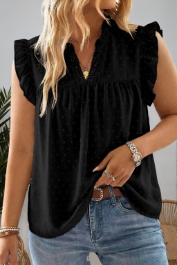 Plus Size Black  Swiss Dot Ruffle Lace Trim V Neck Tank Top