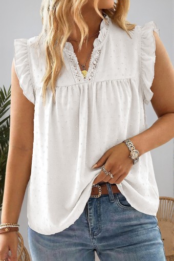 Plus Size White  Swiss Dot Ruffle Lace Trim V Neck Tank Top