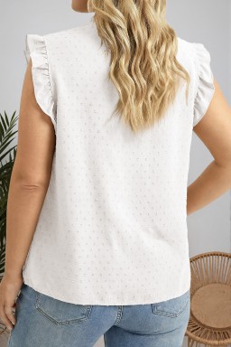Plus Size White  Swiss Dot Ruffle Lace Trim V Neck Tank Top