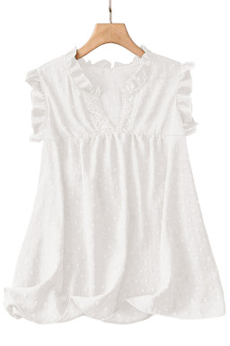 Plus Size White  Swiss Dot Ruffle Lace Trim V Neck Tank Top