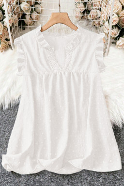 Plus Size White  Swiss Dot Ruffle Lace Trim V Neck Tank Top