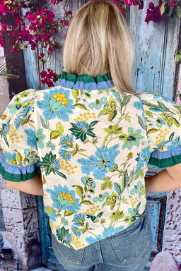 Plus Size Sky Blue  Frilled V Neck Short Sleeve Floral Blouse