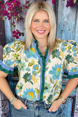 Plus Size Sky Blue  Frilled V Neck Short Sleeve Floral Blouse