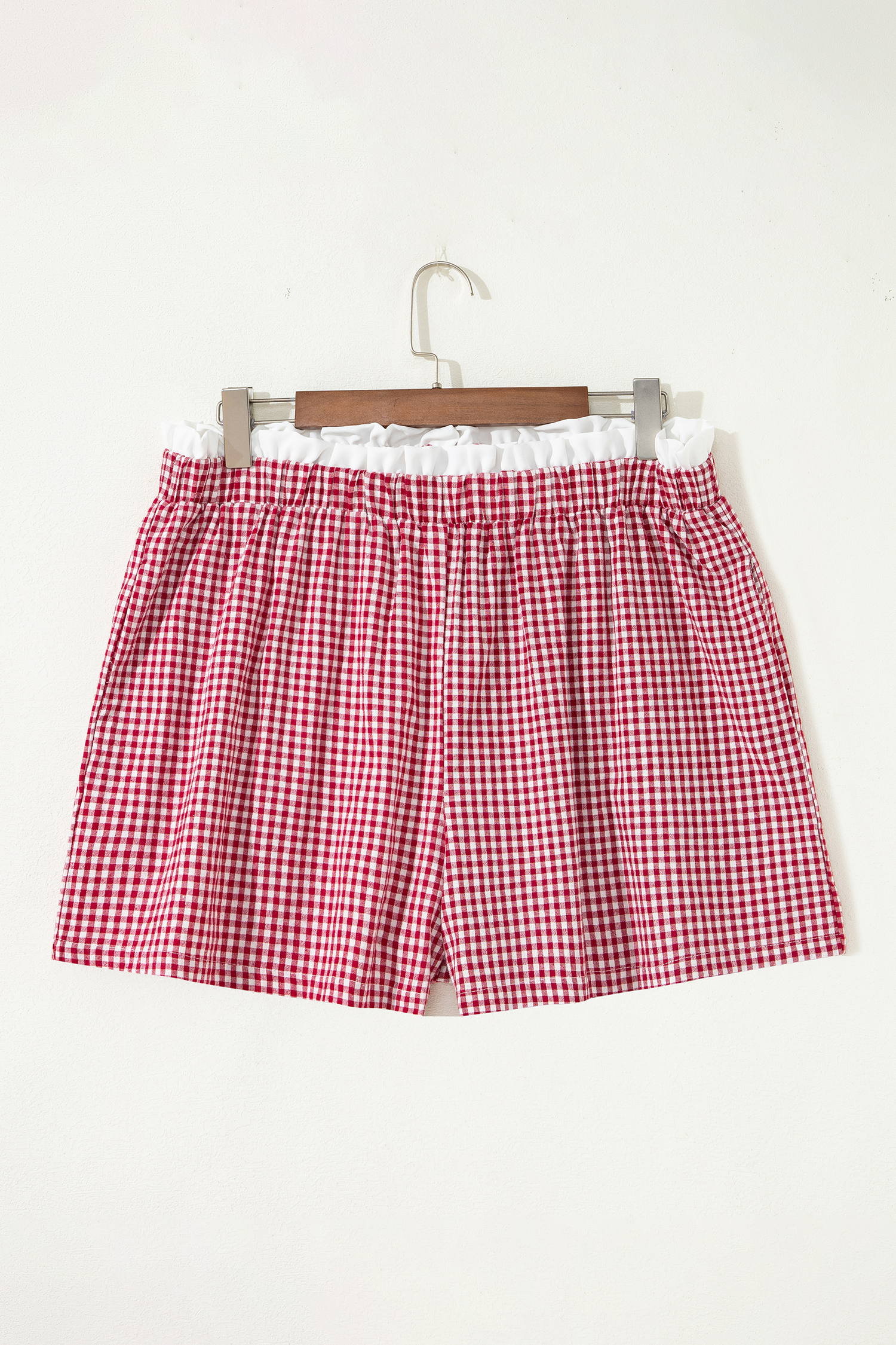 Plus Size Red Contrast Trim Plaid Print  Shorts