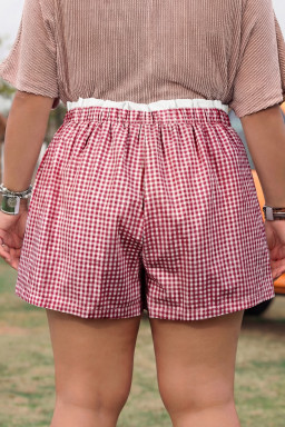Plus Size Red Contrast Trim Plaid Print  Shorts
