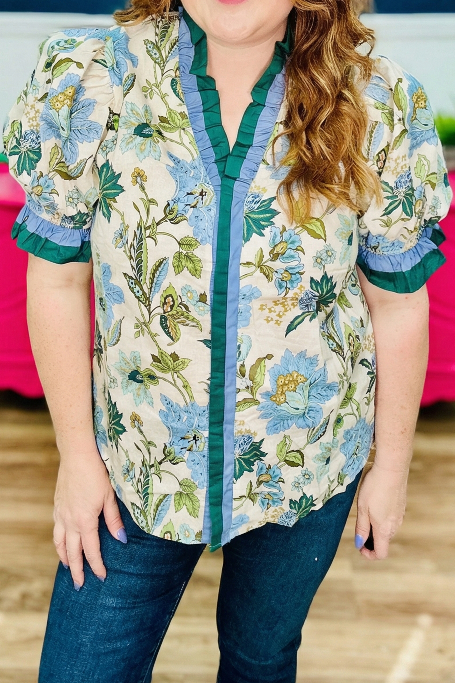 Plus Size Sky Blue  Frilled V Neck Short Sleeve Floral Blouse