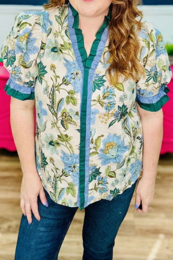 Plus Size Sky Blue  Frilled V Neck Short Sleeve Floral Blouse