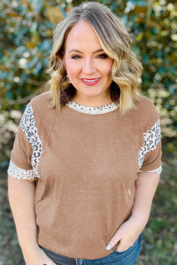Plus Size Chestnut Animal Color Block Patchwork  Tee