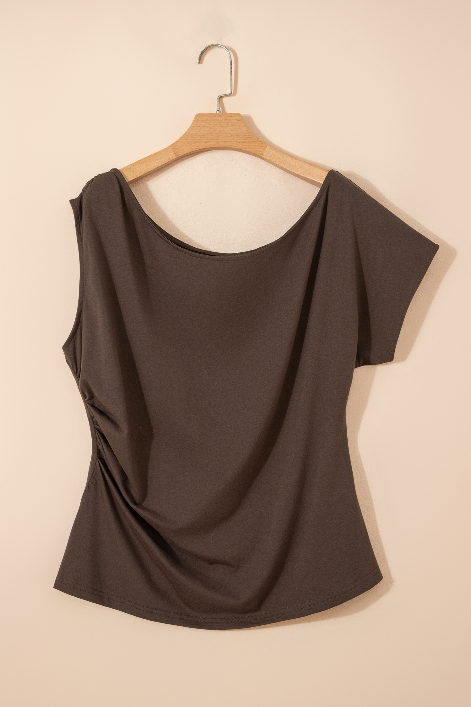 Plus Size Coffee  Solid Color Asymmetric Neck Short Sleeve Blouse