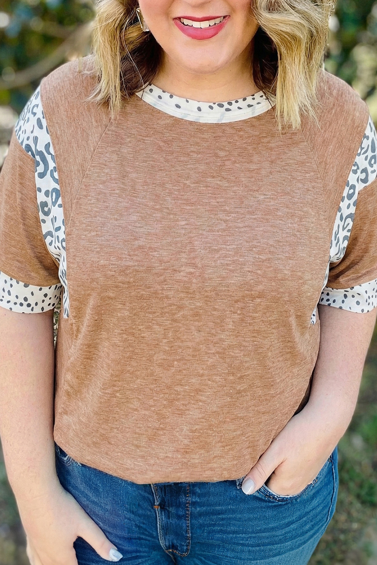 Plus Size Chestnut Animal Color Block Patchwork  Tee