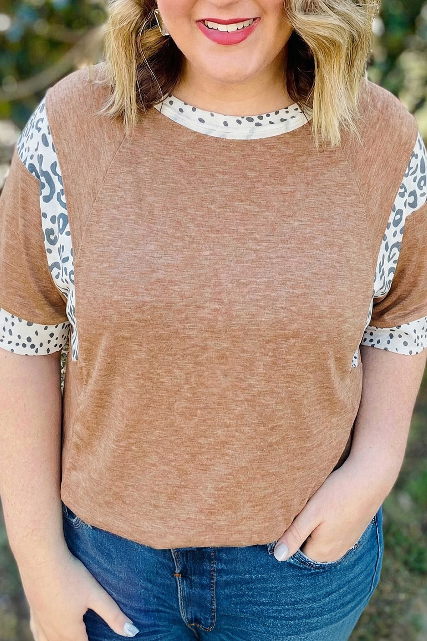 Plus Size Chestnut Animal Color Block Patchwork  Tee
