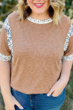 Plus Size Chestnut Animal Color Block Patchwork  Tee