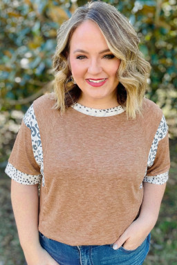 Plus Size Chestnut Animal Color Block Patchwork  Tee
