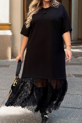 Plus Size Black  Lace Hem Patchwork T Shirt Midi Dress