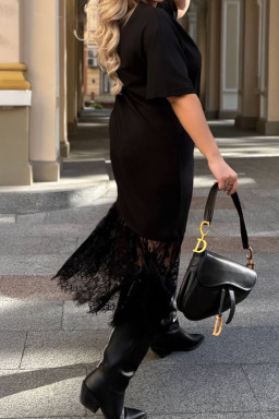 Plus Size Black  Lace Hem Patchwork T Shirt Midi Dress