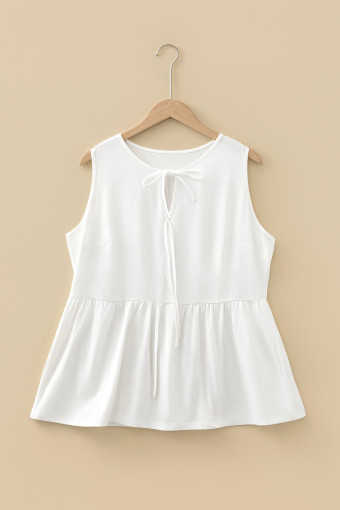Plus Size White  Solid Color Bow Tie Peplum Tank Top