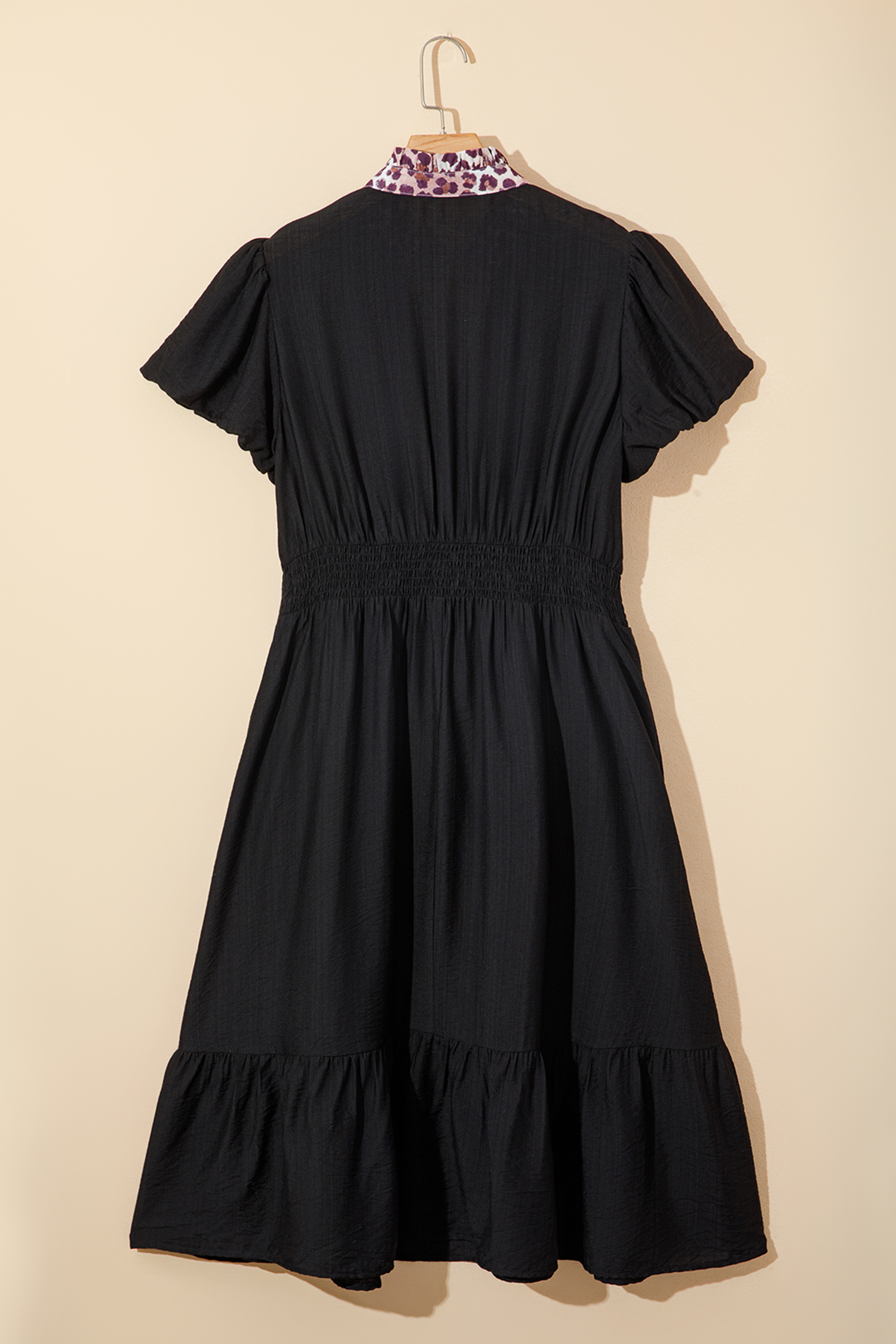 Plus Size Black Leopard V Neck Patchwork Smocked Waist  Ruffled Dress