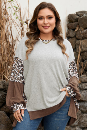 Plus Size Gray  Leopard Color Block Patchwork Dolman Sweatshirt