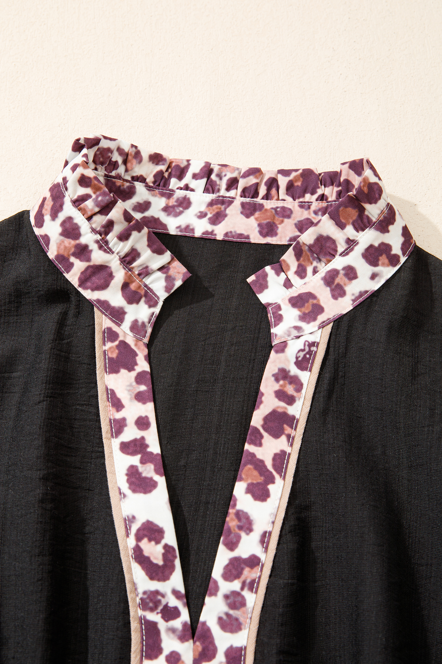 Plus Size Black Leopard V Neck Patchwork Smocked Waist  Ruffled Dress