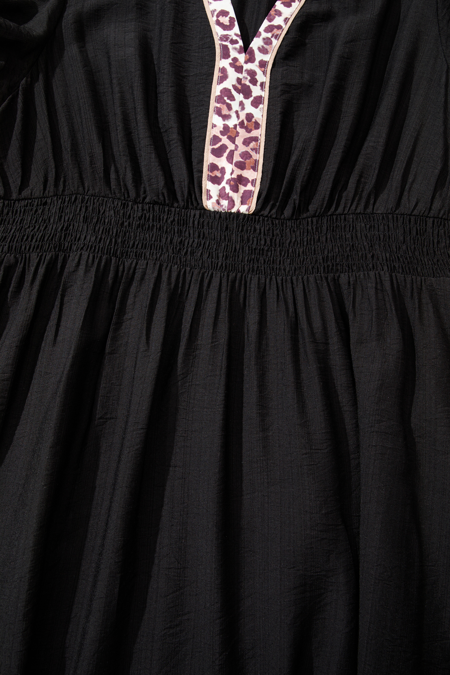 Plus Size Black Leopard V Neck Patchwork Smocked Waist  Ruffled Dress