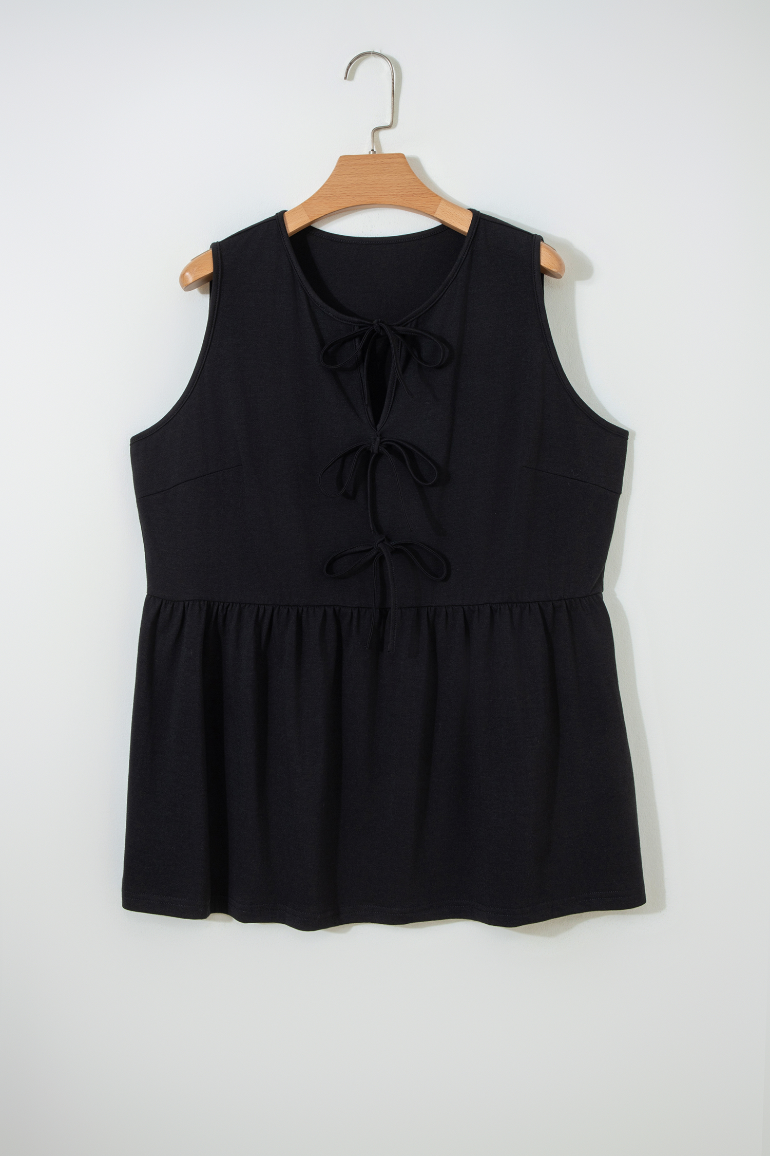 Plus Size Black  Solid Color Bow Tie Peplum Tank Top